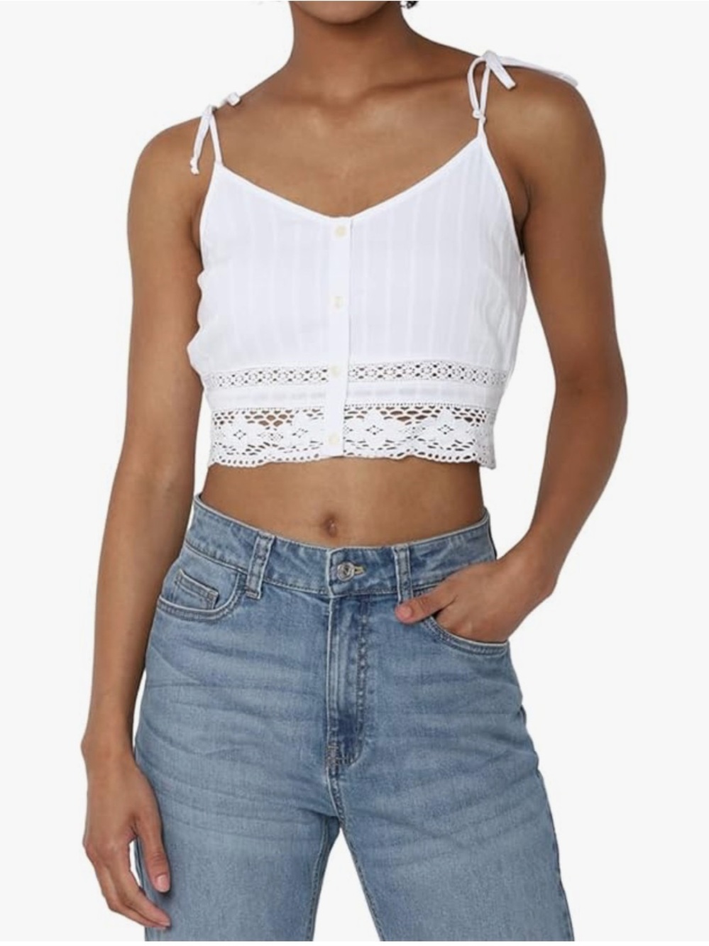 American Eagle Outfitters White Boho Lace-Trim Tie-Shoulder Crop Top size large